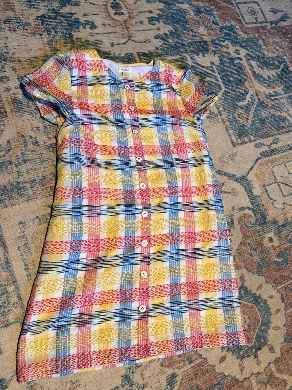 Maeve Short-Sleeve Plaid Button-Front Casual Dress in Yellow, Pink & Blue